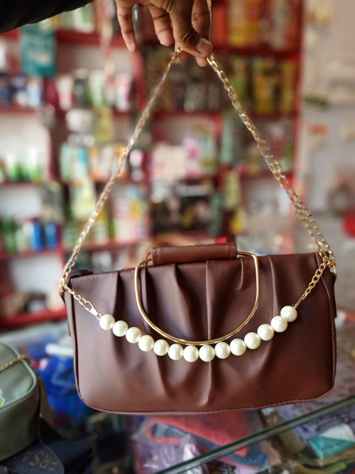 Elegant Brown & Green Pearl Chain Handbag for Women | Stylish Party & Casual Bag