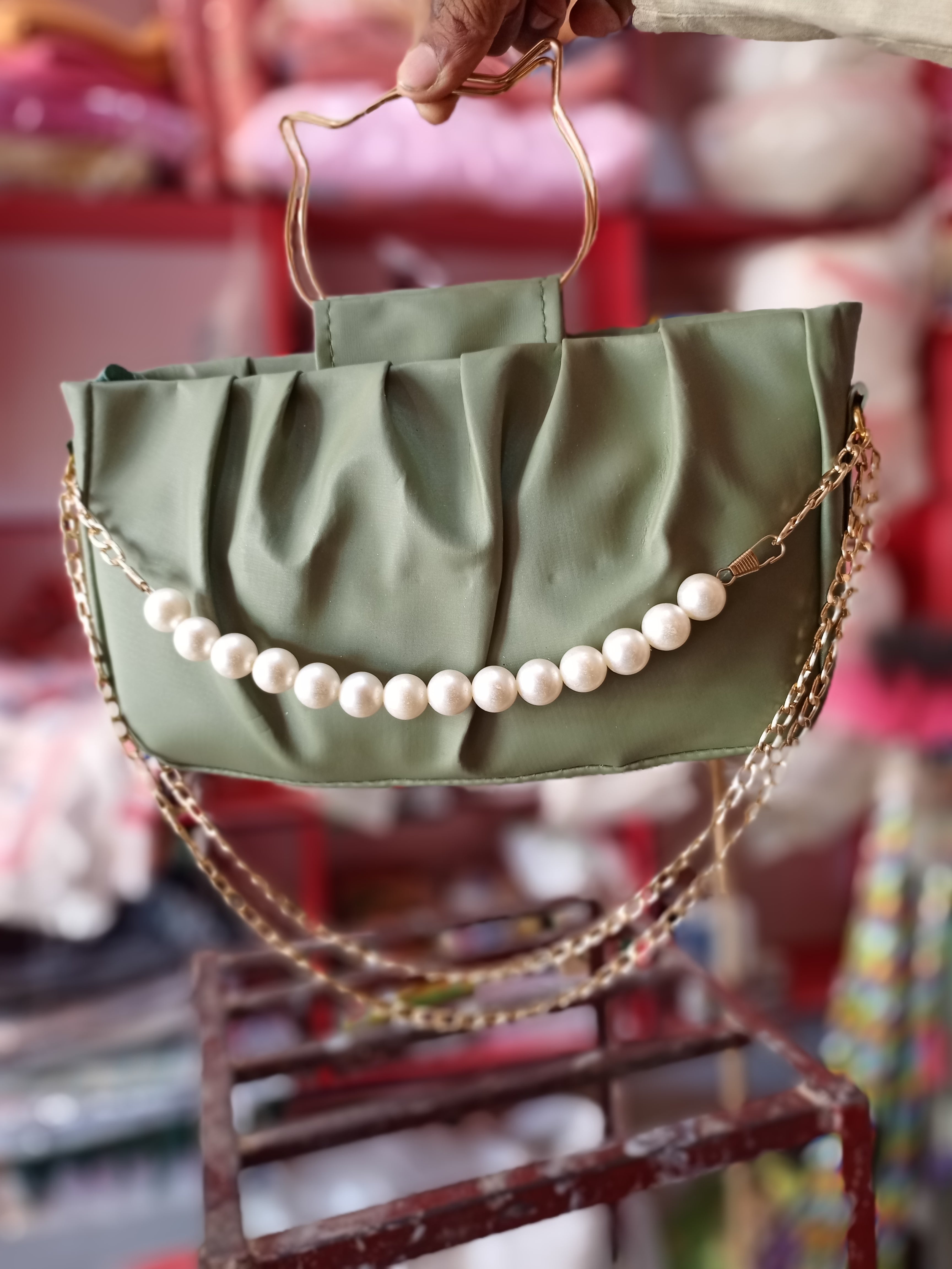 Elegant Brown & Green Pearl Chain Handbag for Women | Stylish Party & Casual Bag